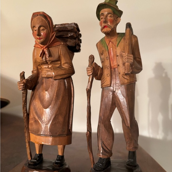 German Bavarian Vintage Hand Carved Wood Figurines Old Man And Woman 9’’ images - Picture 1 of 12
